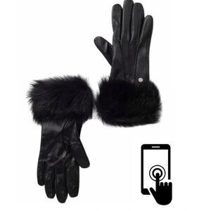 UGG Black Leather Real Fur Cuff Tech Gloves XS Small Petite NEW